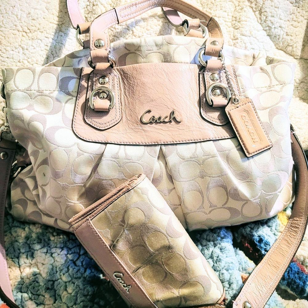 Coach Pink and Cream Signature Tote Bag
